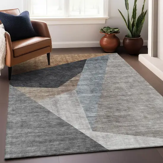 Taupe Blue And Beige Geometric Washable Area Rug With UV Protection Photo 5