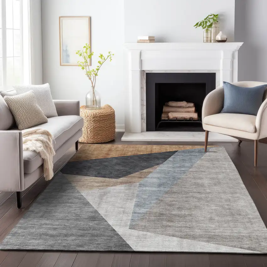 Taupe Blue And Beige Geometric Washable Area Rug With UV Protection Photo 4