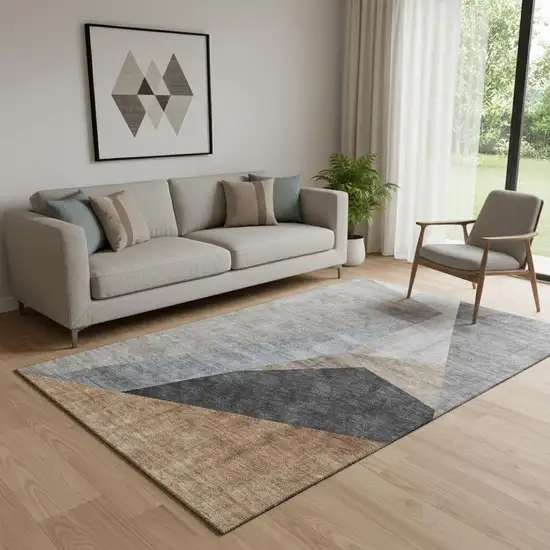 Taupe Blue And Beige Geometric Washable Area Rug With UV Protection Photo 1