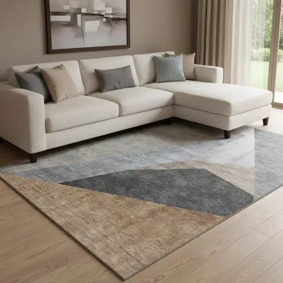 Taupe Blue And Beige Geometric Washable Area Rug With UV Protection Photo 1