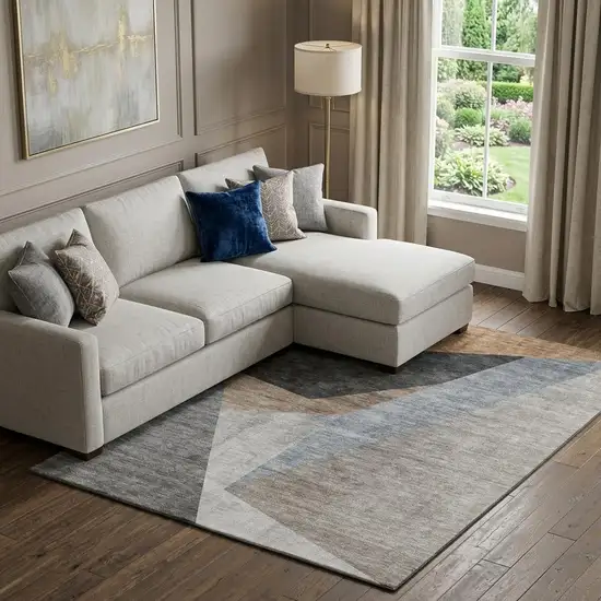 Taupe Blue And Beige Geometric Washable Area Rug With UV Protection Photo 1