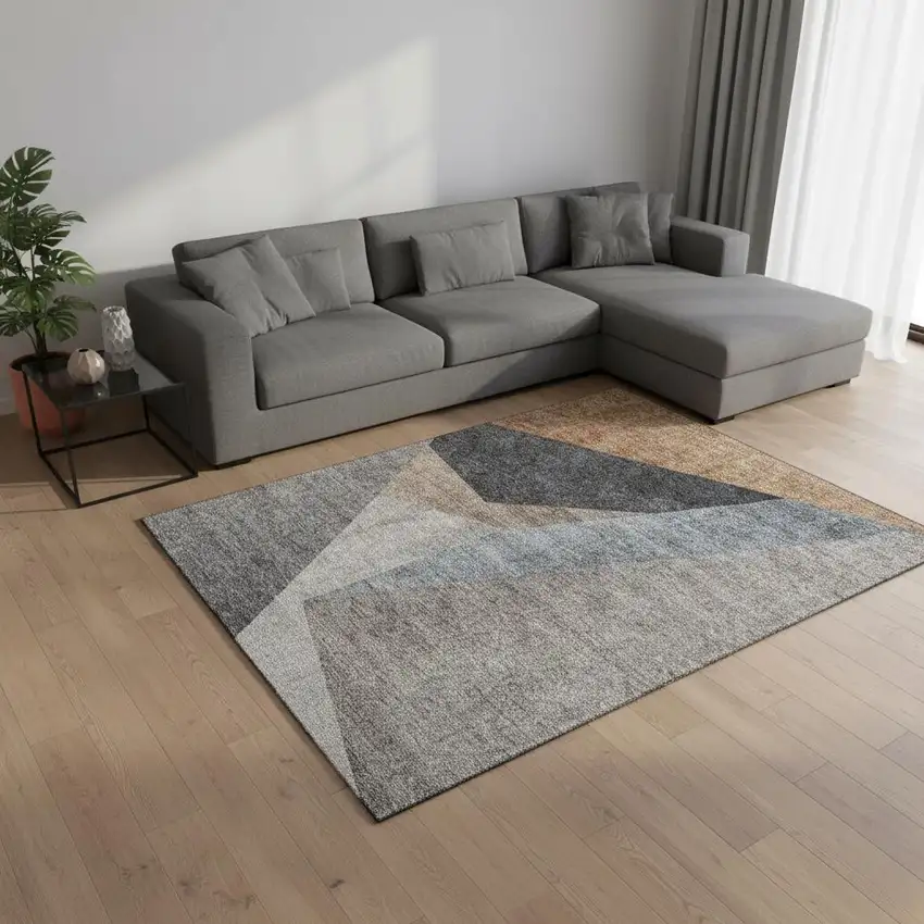 Taupe Blue And Beige Geometric Washable Area Rug With UV Protection Photo 1