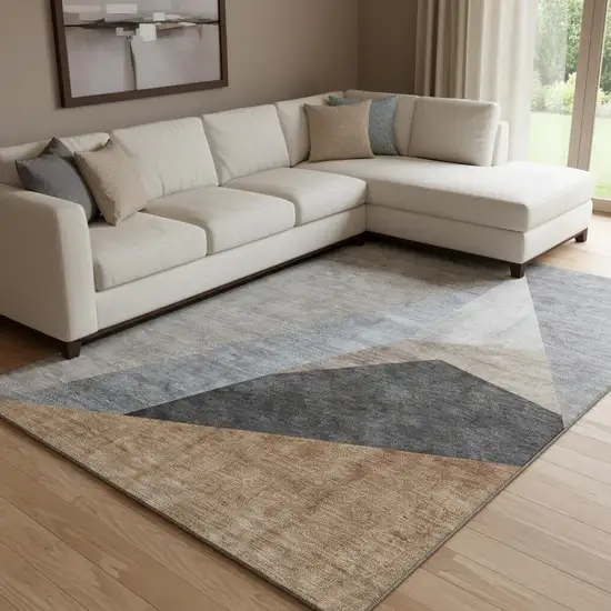 Taupe Blue And Beige Geometric Washable Area Rug With UV Protection Photo 1