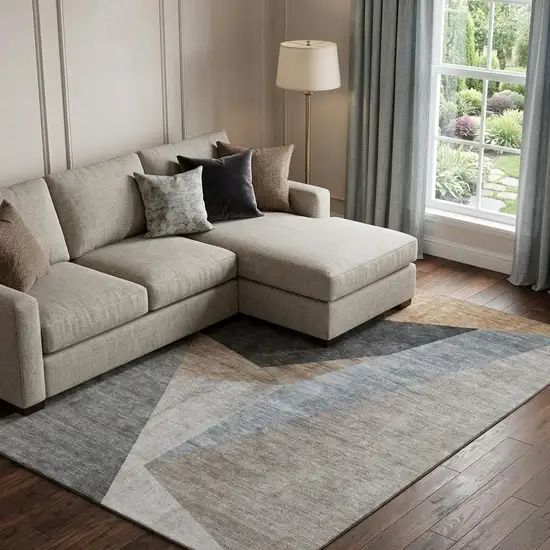 Taupe Blue And Beige Geometric Washable Area Rug With UV Protection Photo 1