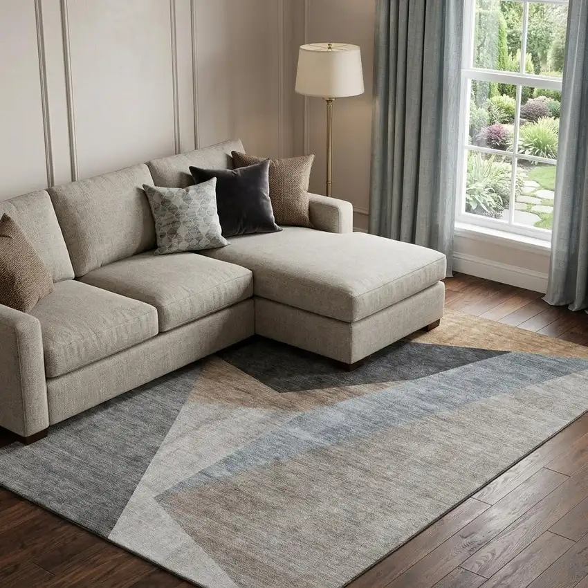 Taupe Blue And Beige Geometric Washable Area Rug With UV Protection Photo 1
