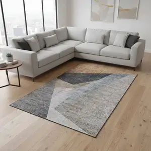 Photo of Taupe Blue And Beige Geometric Washable Area Rug With UV Protection