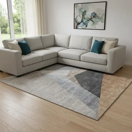 Taupe Blue And Beige Geometric Washable Area Rug With UV Protection Photo 1