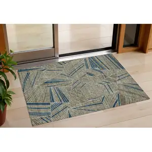 Photo of Taupe Blue And Beige Geometric Washable Indoor Outdoor Area Rug
