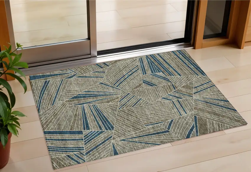 Taupe Blue And Beige Geometric Washable Indoor Outdoor Area Rug Photo 1
