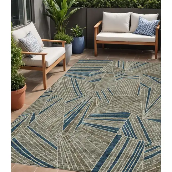 Taupe Blue And Beige Geometric Washable Indoor Outdoor Area Rug Photo 1