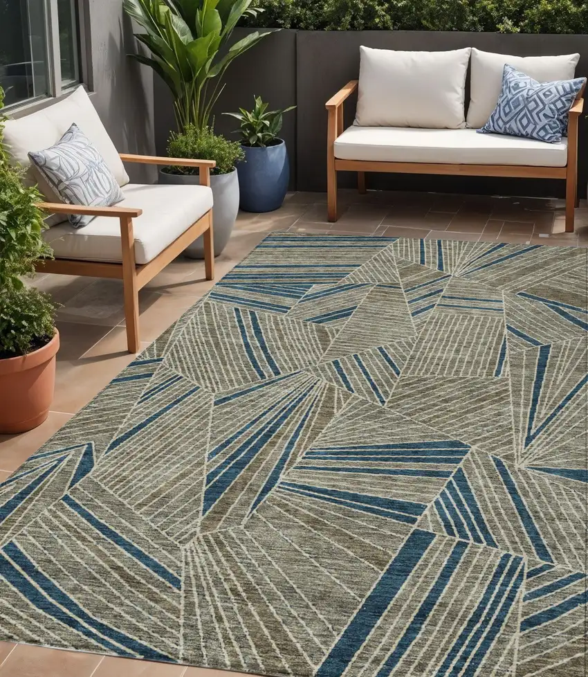 Taupe Blue And Beige Geometric Washable Indoor Outdoor Area Rug Photo 1