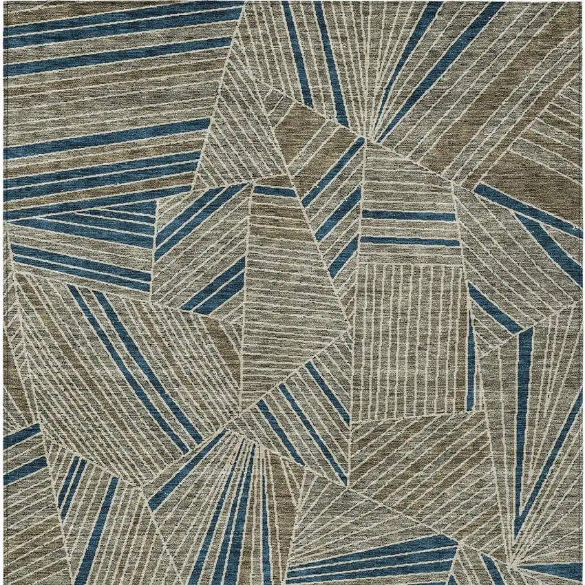 Taupe Blue And Beige Geometric Washable Indoor Outdoor Area Rug Photo 8