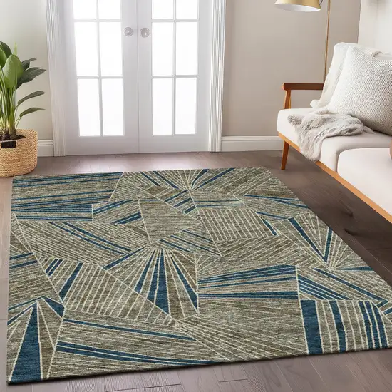 Taupe Blue And Beige Geometric Washable Indoor Outdoor Area Rug Photo 9
