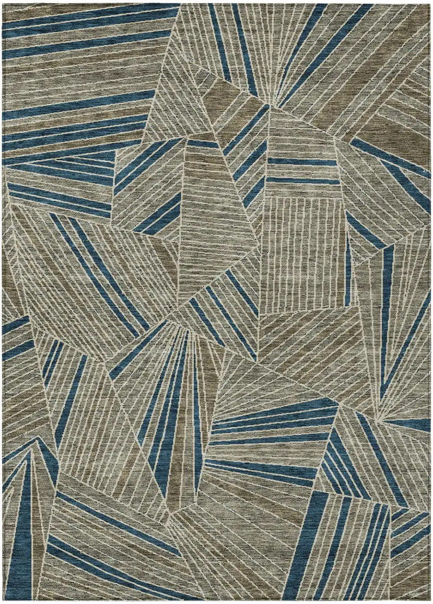 Taupe Blue And Beige Geometric Washable Indoor Outdoor Area Rug Photo 2