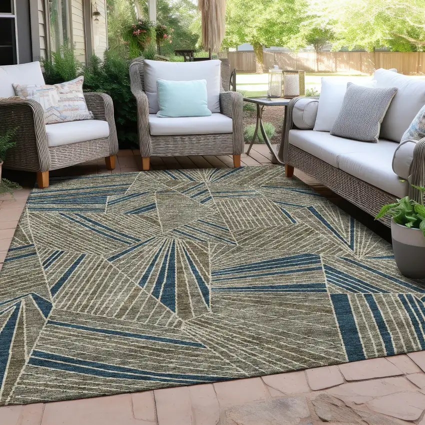 Taupe Blue And Beige Geometric Washable Indoor Outdoor Area Rug Photo 9