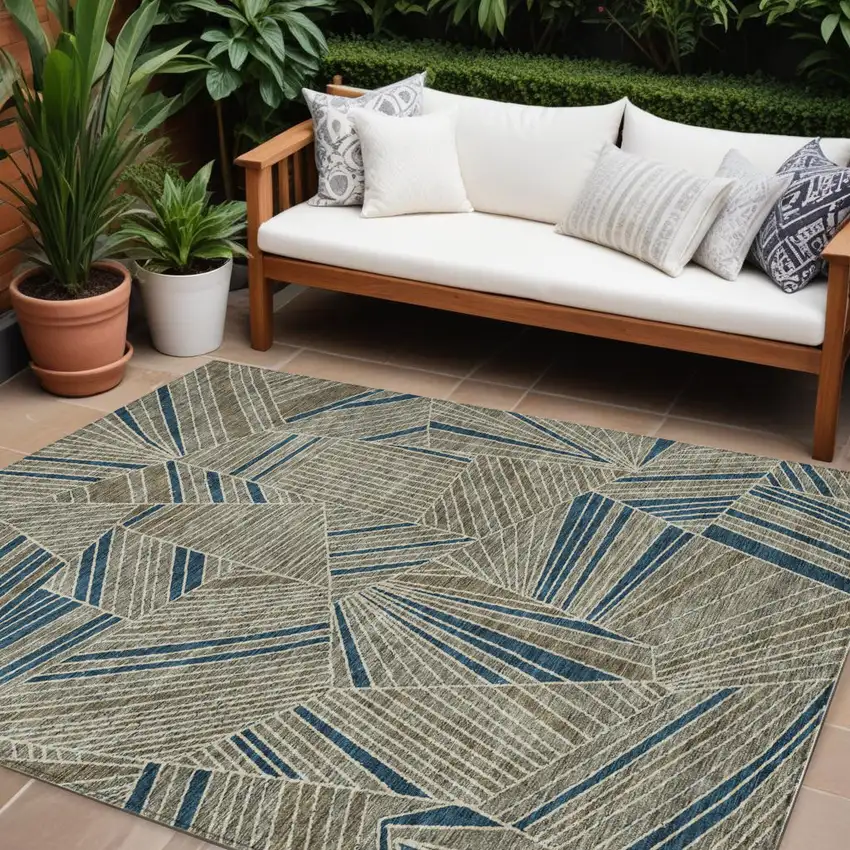 Taupe Blue And Beige Geometric Washable Indoor Outdoor Area Rug Photo 1