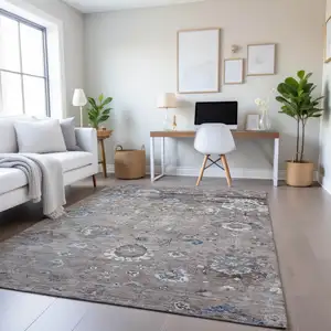 Photo of Taupe Blue And Beige Oriental Washable Area Rug With UV Protection