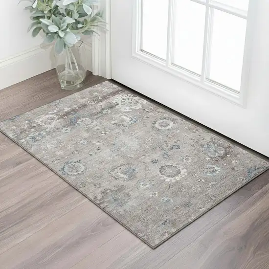Taupe Blue And Beige Oriental Washable Area Rug With UV Protection Photo 2