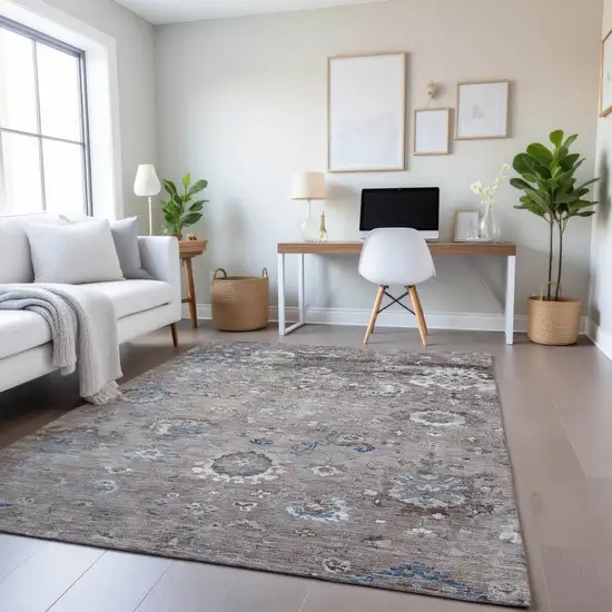 Taupe Blue And Beige Oriental Washable Area Rug With UV Protection Photo 4