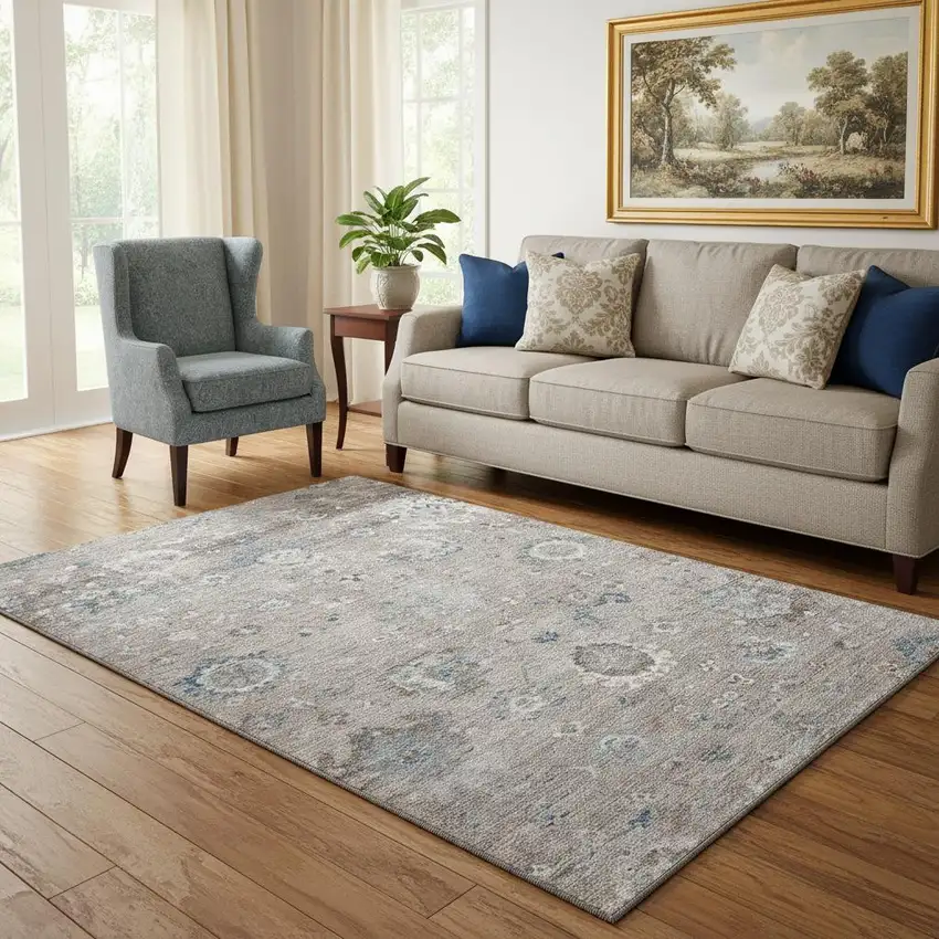 Taupe Blue And Beige Oriental Washable Area Rug With UV Protection Photo 2