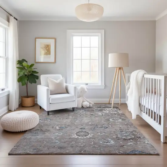 Taupe Blue And Beige Oriental Washable Area Rug With UV Protection Photo 5