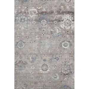 Photo of Taupe Blue And Beige Oriental Washable Area Rug With UV Protection