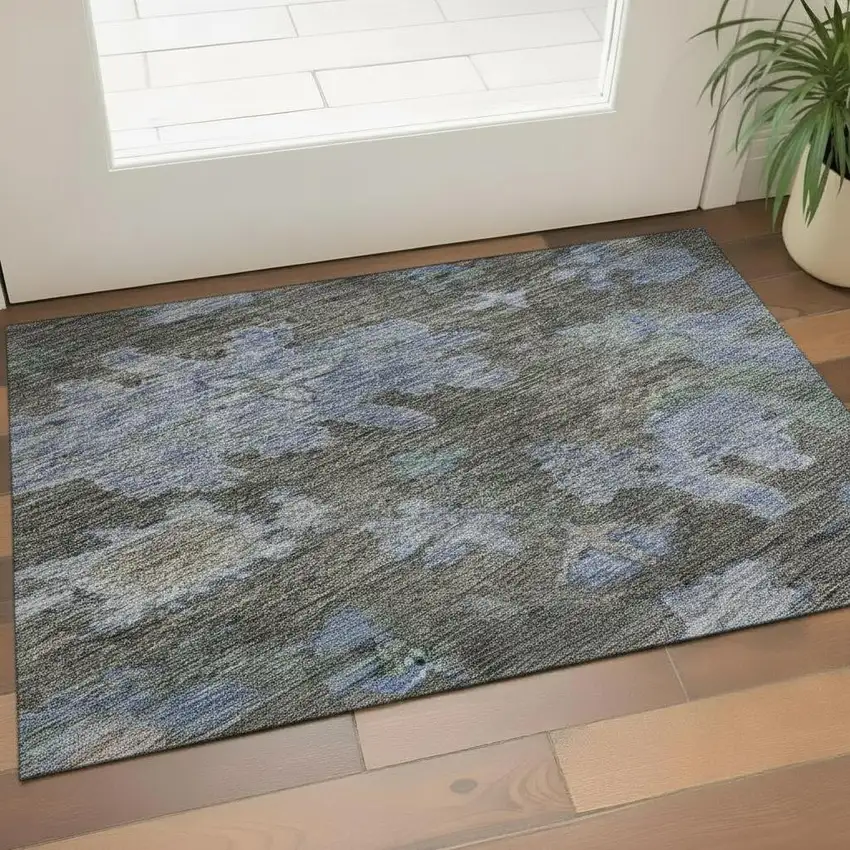 Taupe Blue And Brown Floral Washable Area Rug With UV Protection Photo 2