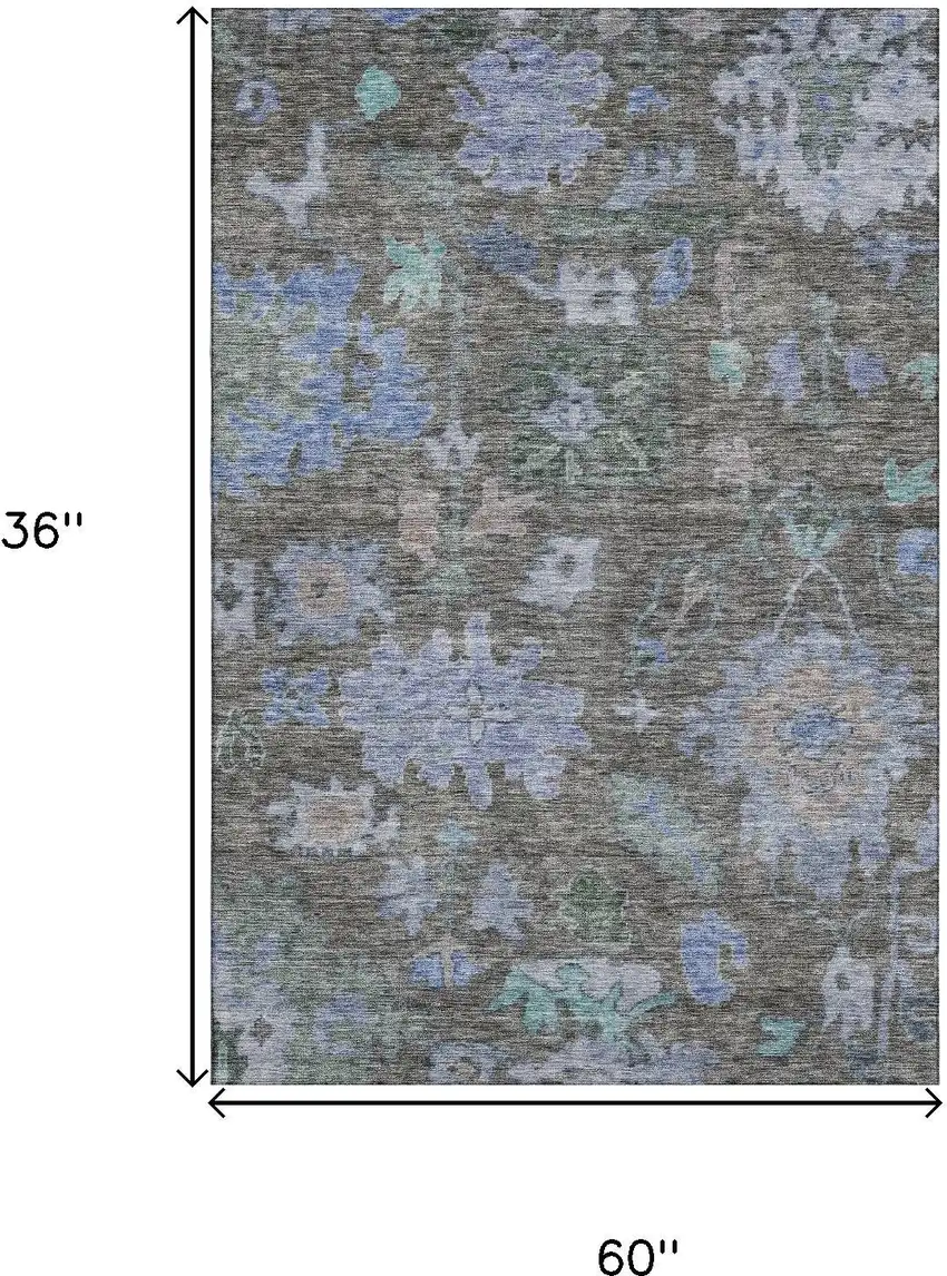 Taupe Blue And Brown Floral Washable Area Rug With UV Protection Photo 9