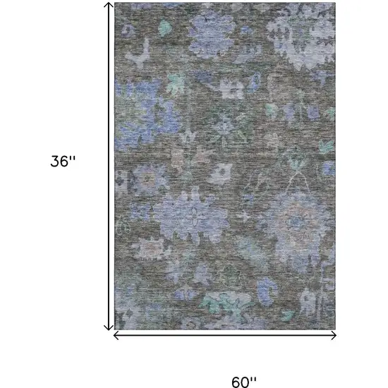 Taupe Blue And Brown Floral Washable Area Rug With UV Protection Photo 9