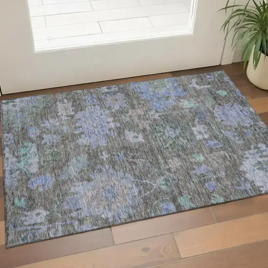 Taupe Blue And Brown Floral Washable Area Rug With UV Protection Photo 1