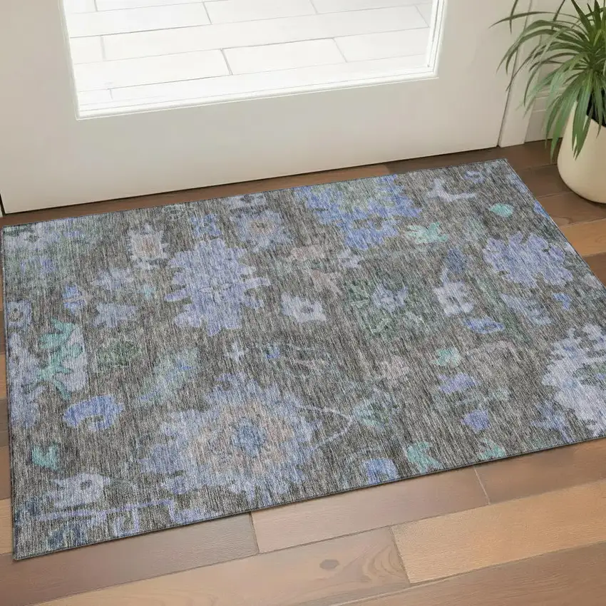 Taupe Blue And Brown Floral Washable Area Rug With UV Protection Photo 1