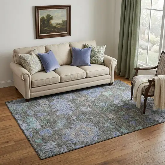 Taupe Blue And Brown Floral Washable Area Rug With UV Protection Photo 1