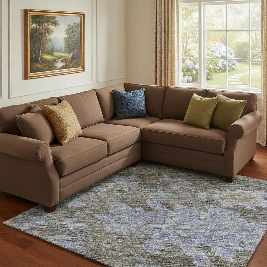 Taupe Blue And Brown Floral Washable Area Rug With UV Protection Photo 2