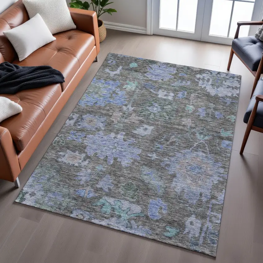 Taupe Blue And Brown Floral Washable Area Rug With UV Protection Photo 4