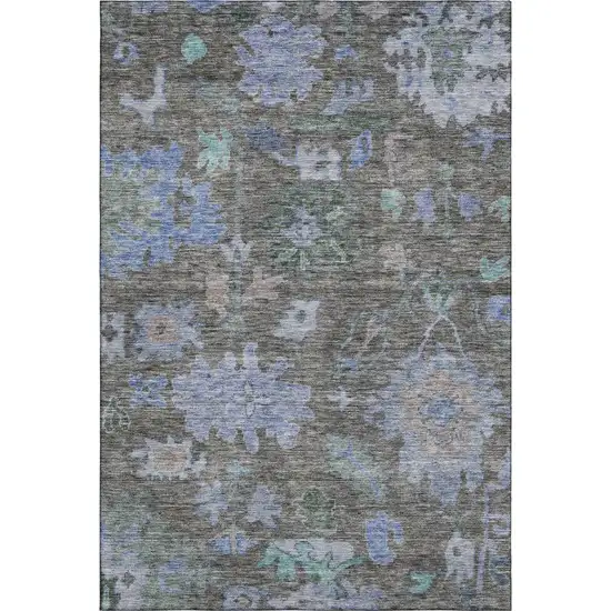 Taupe Blue And Brown Floral Washable Area Rug With UV Protection Photo 5