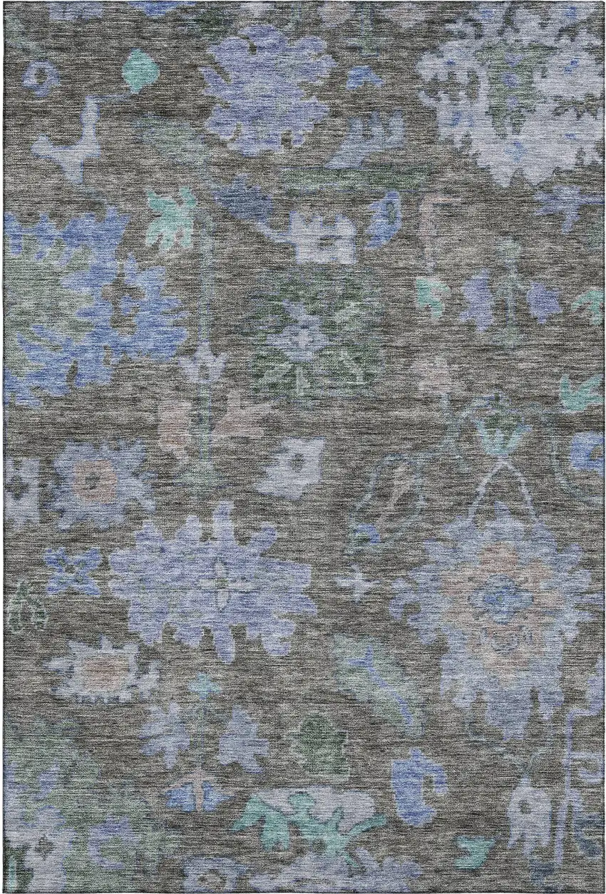 Taupe Blue And Brown Floral Washable Area Rug With UV Protection Photo 4