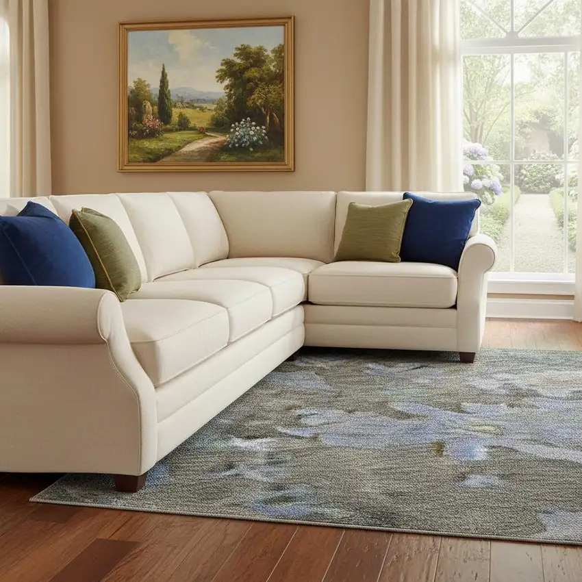 Taupe Blue And Brown Floral Washable Area Rug With UV Protection Photo 2