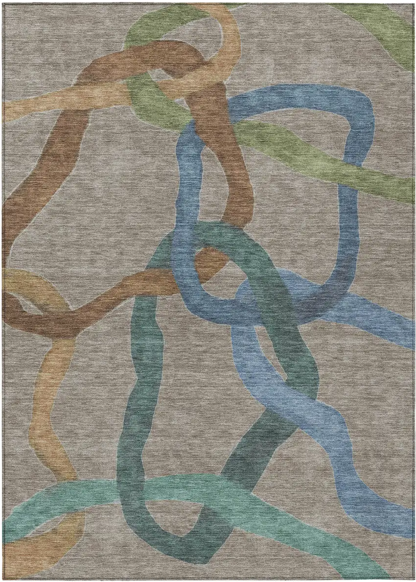 Taupe Blue And Copper Abstract Washable Indoor Outdoor Area Rug Photo 1