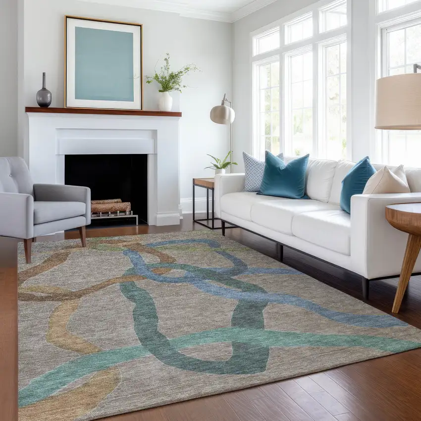 Taupe Blue And Copper Abstract Washable Indoor Outdoor Area Rug Photo 6