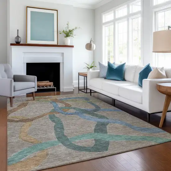 Taupe Blue And Copper Abstract Washable Indoor Outdoor Area Rug Photo 6