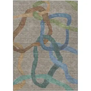 Photo of Taupe Blue And Copper Abstract Washable Indoor Outdoor Area Rug