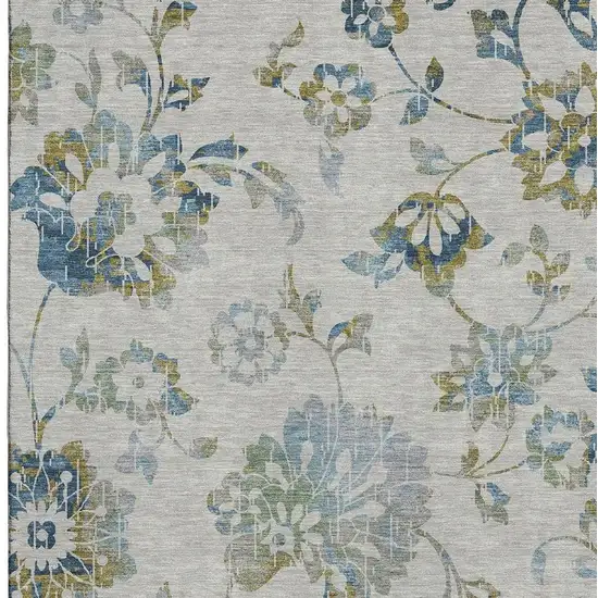Taupe Blue And Gold Floral Washable Area Rug With UV Protection Photo 4
