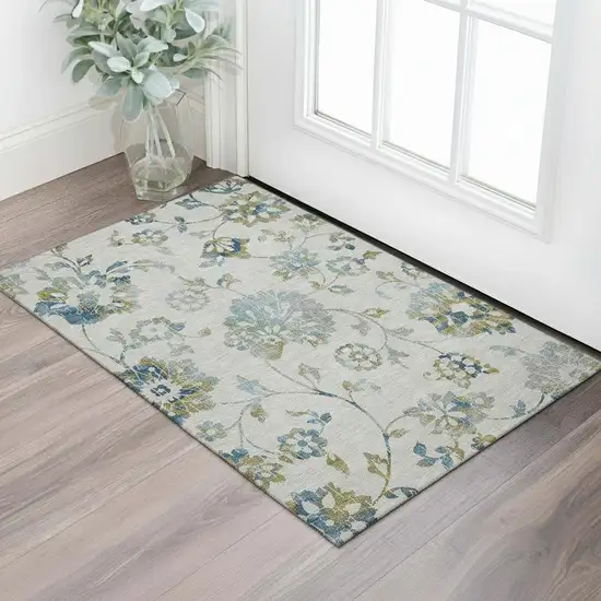 Taupe Blue And Gold Floral Washable Area Rug With UV Protection Photo 1