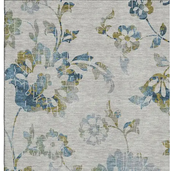 Taupe Blue And Gold Floral Washable Area Rug With UV Protection Photo 3