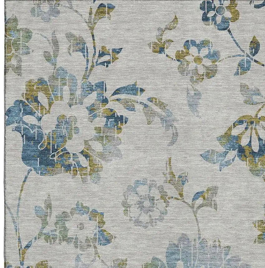 Taupe Blue And Gold Floral Washable Area Rug With UV Protection Photo 3
