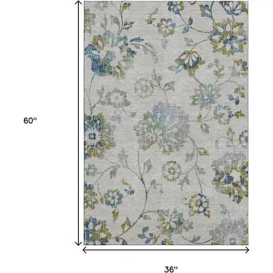 Taupe Blue And Gold Floral Washable Area Rug With UV Protection Photo 3