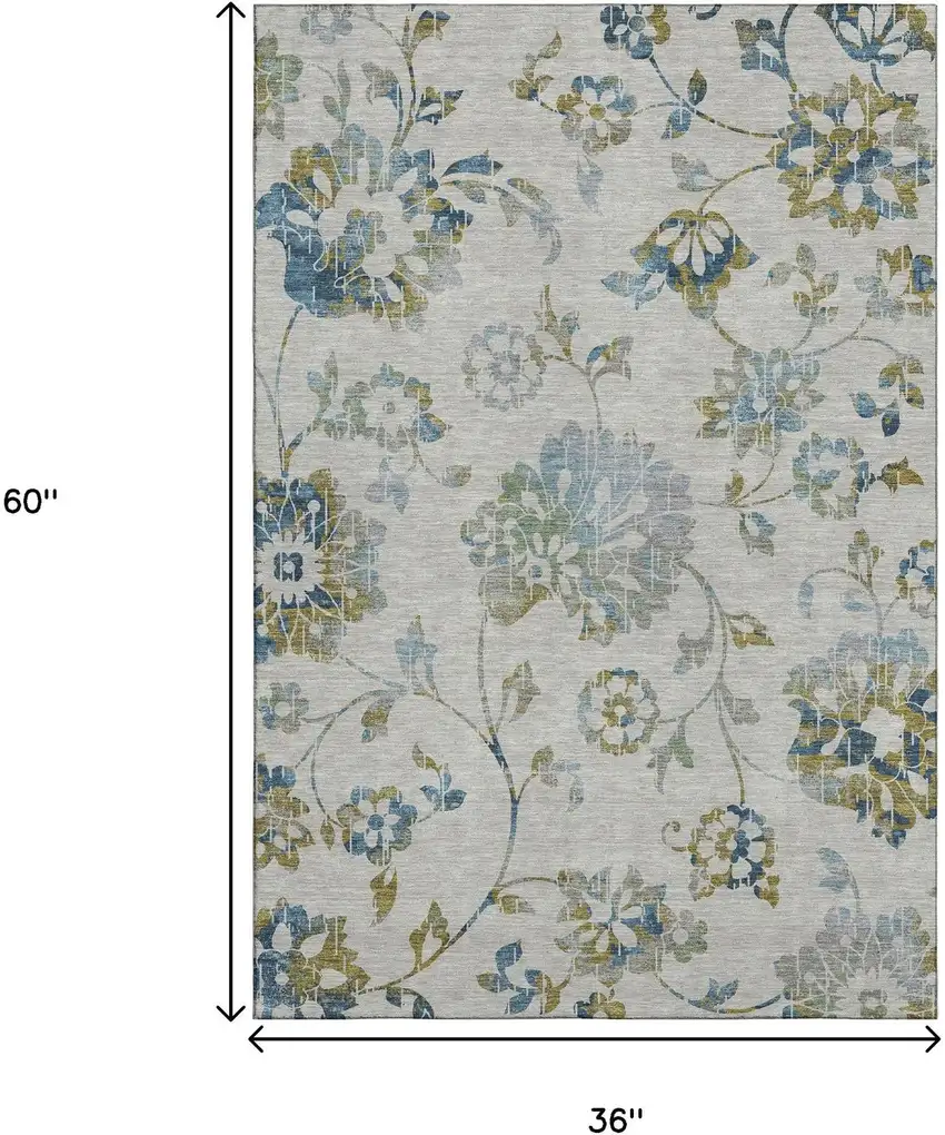 Taupe Blue And Gold Floral Washable Area Rug With UV Protection Photo 3