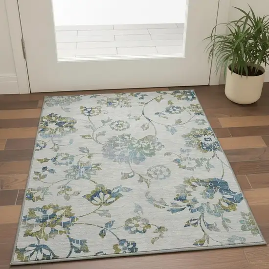 Taupe Blue And Gold Floral Washable Area Rug With UV Protection Photo 2