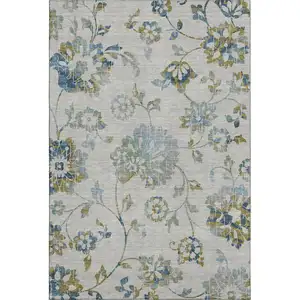Photo of Taupe Blue And Gold Floral Washable Area Rug With UV Protection