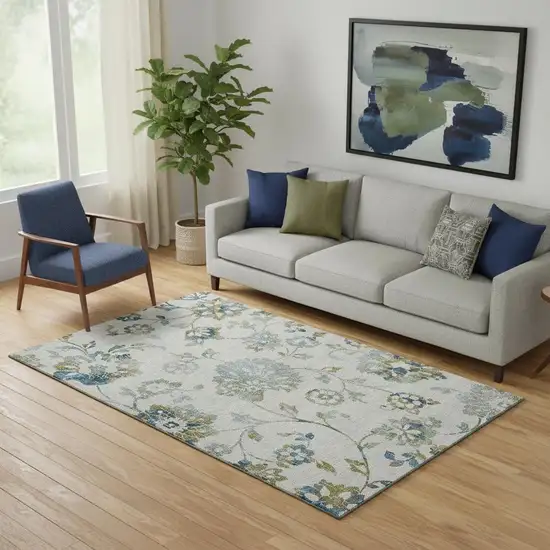 Taupe Blue And Gold Floral Washable Area Rug With UV Protection Photo 1